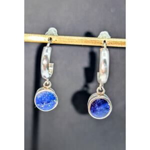 Vintage 925 Sterling Silver Lapis Lazuli Dangle Half Hoop Post Earrings